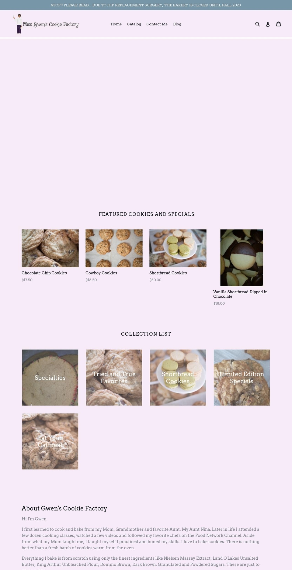 missgwenscookiefactoryllc.com shopify website screenshot