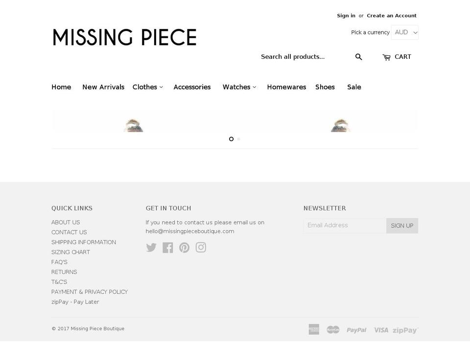 missingpieceboutique.com shopify website screenshot