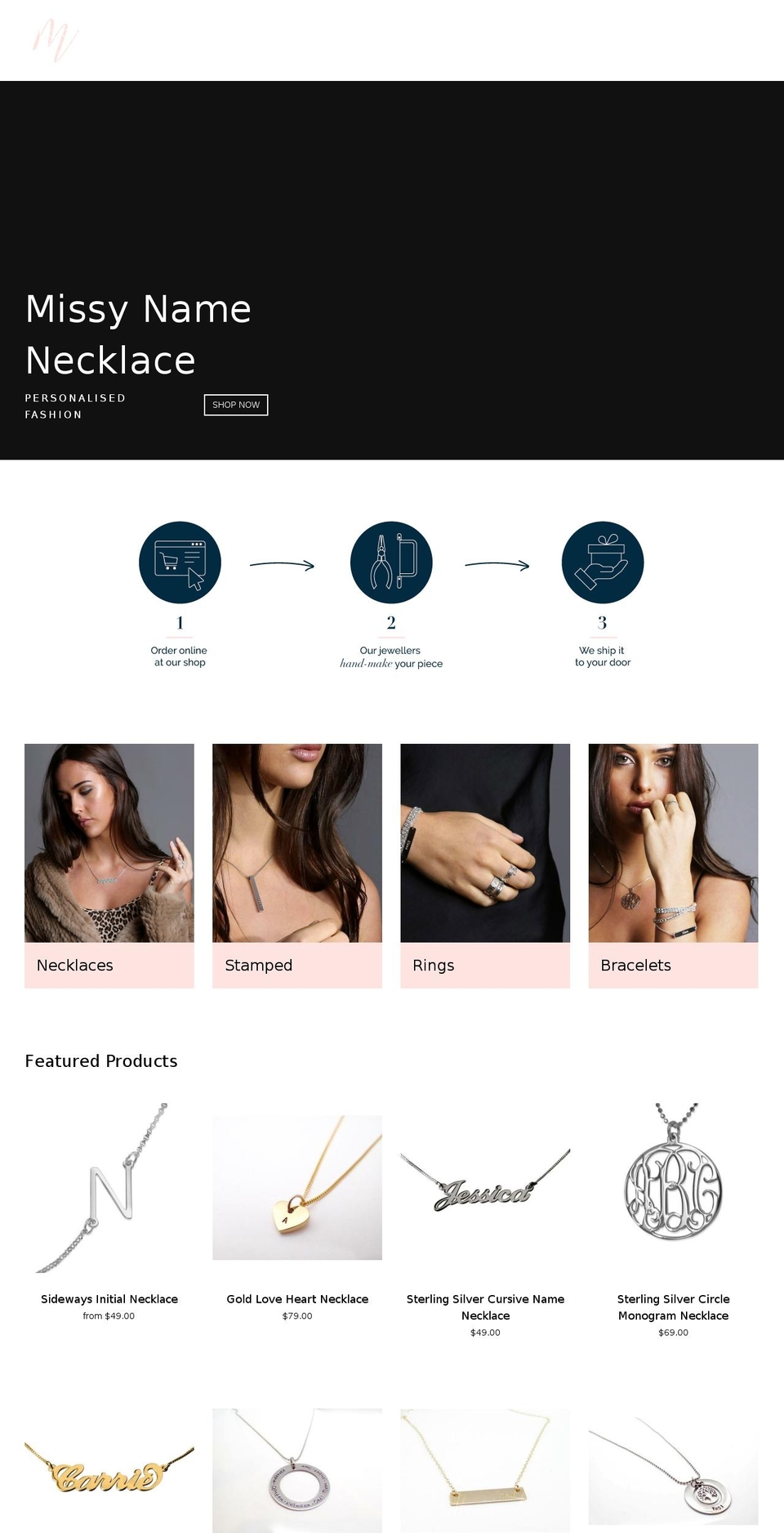 missynamenecklace.com shopify website screenshot