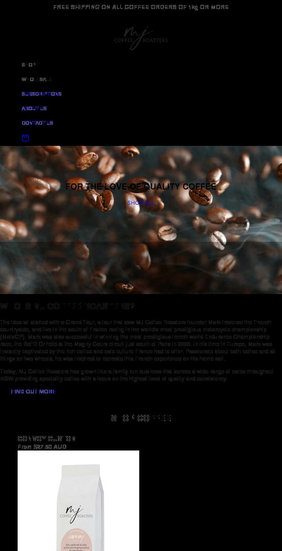 mjcoffee.com.au shopify website screenshot