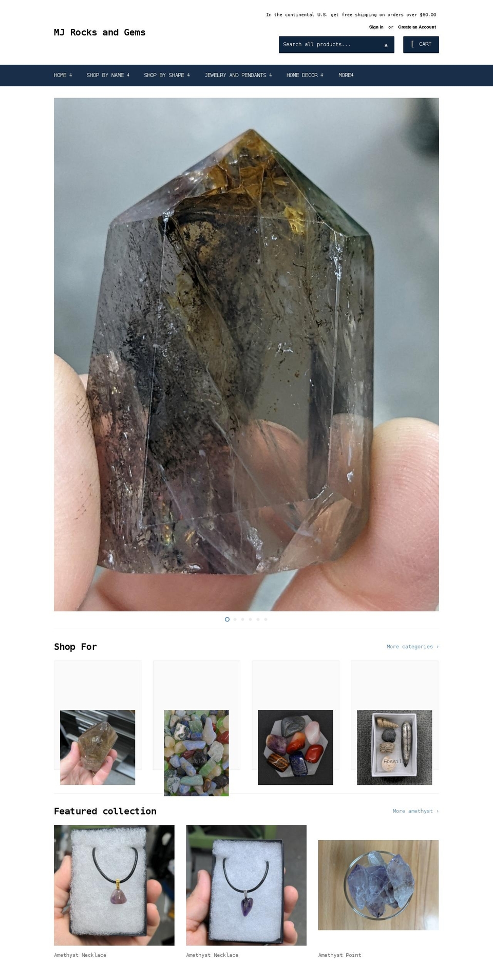 mjrocksandgems.com shopify website screenshot