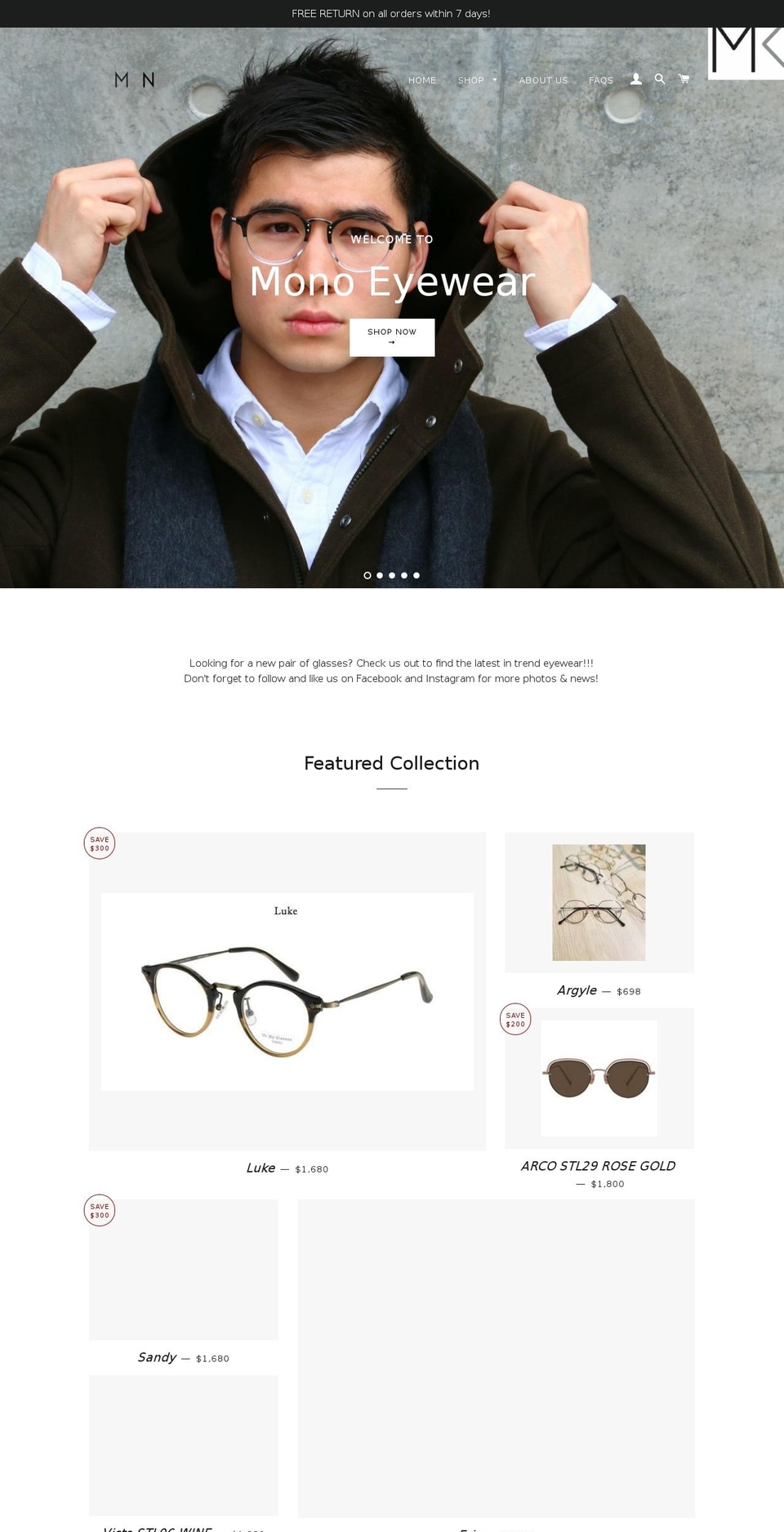 mneyewear.com shopify website screenshot