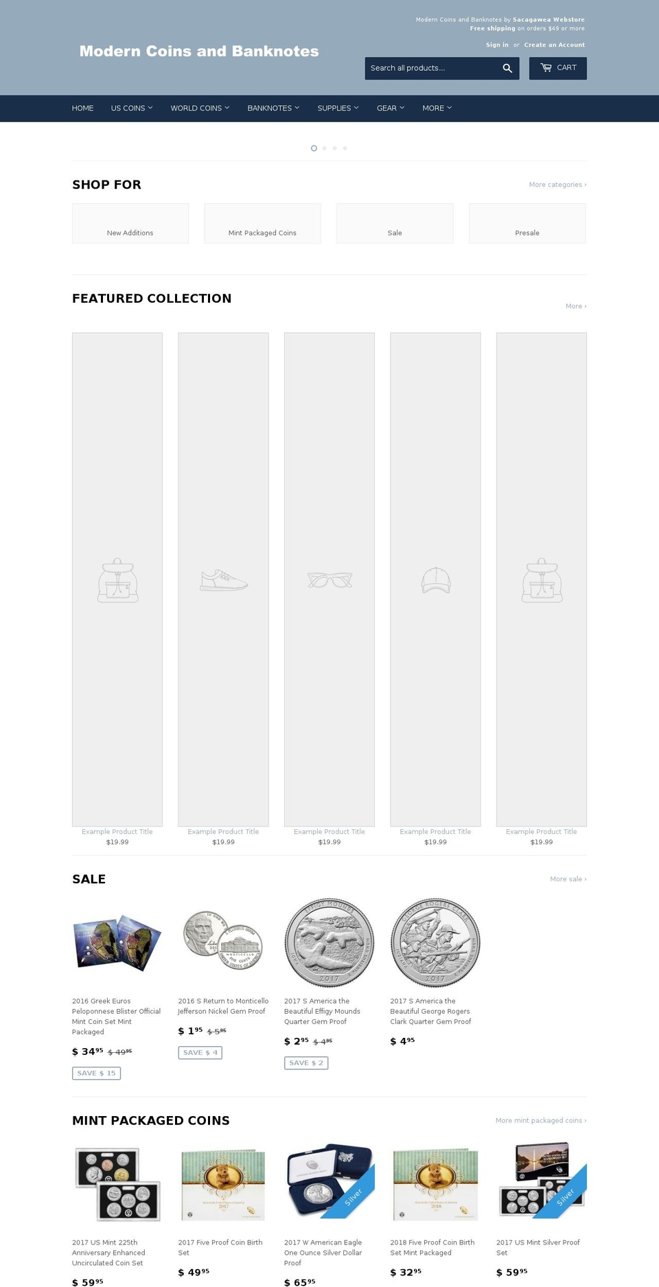 moderncoinsandbanknotes.com shopify website screenshot