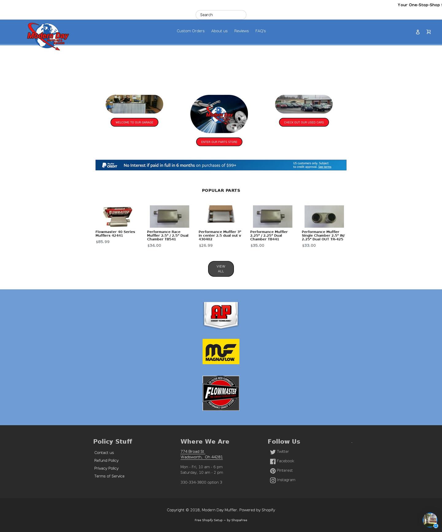 moderndaymuffler.com shopify website screenshot