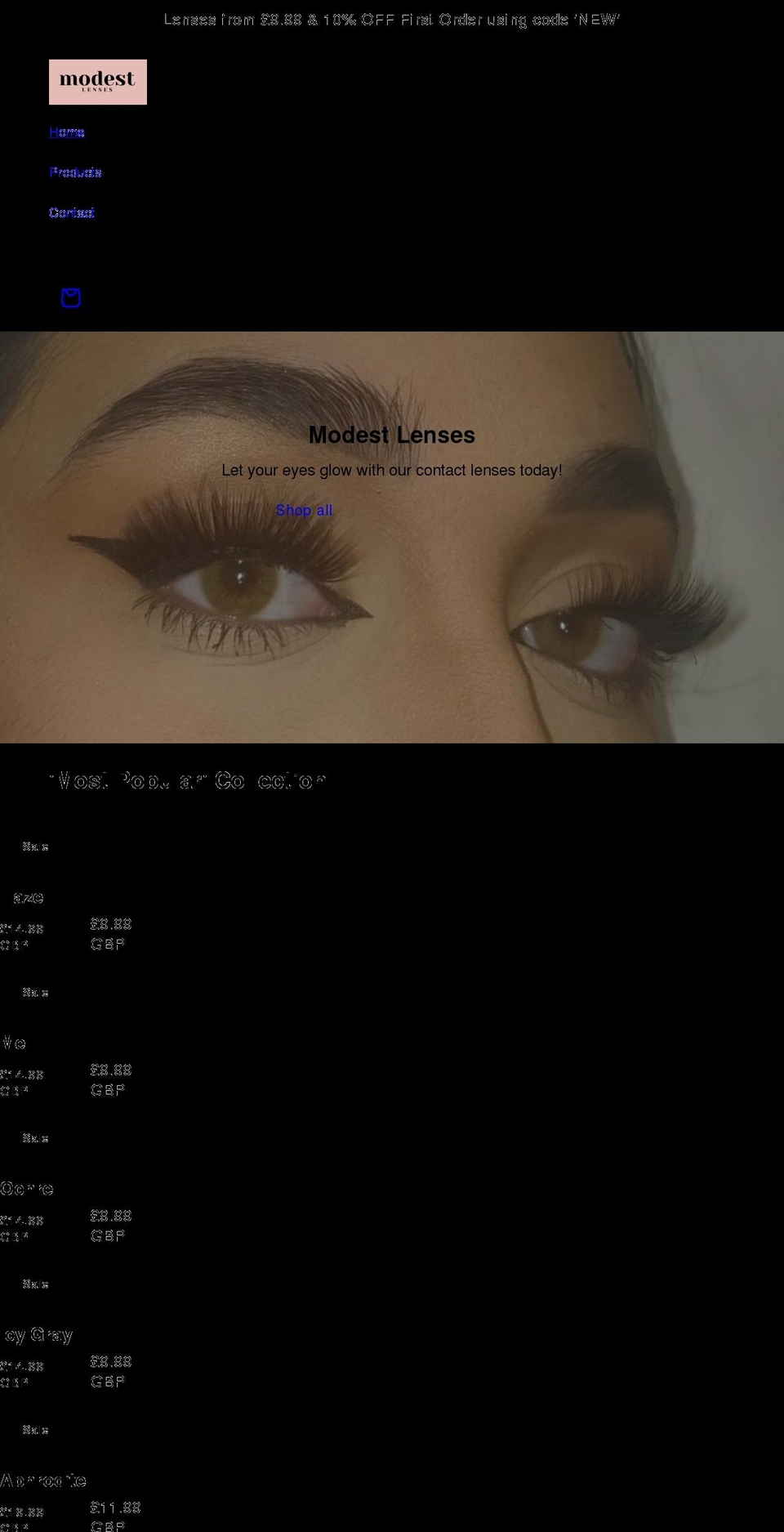 modestlenses.com shopify website screenshot