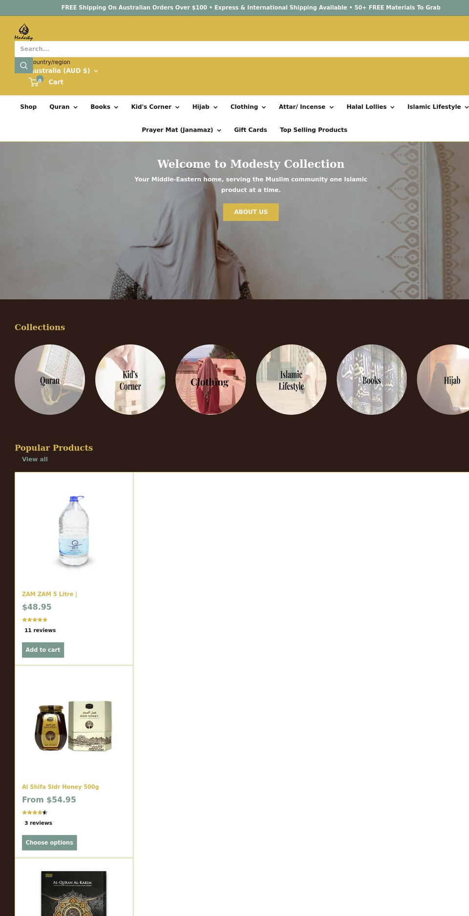 modestycollection.com.au shopify website screenshot