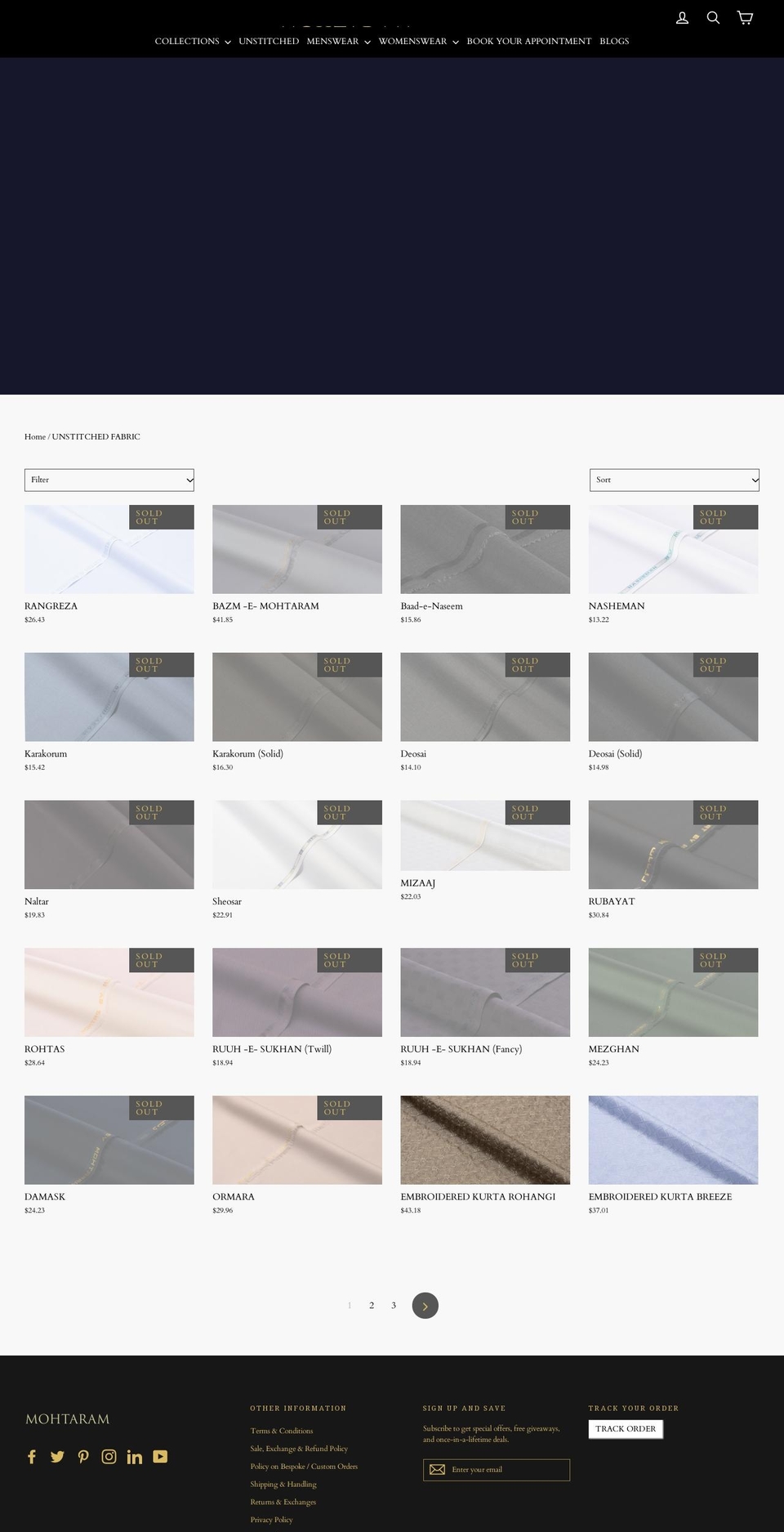 mohtaramfabrics.com shopify website screenshot