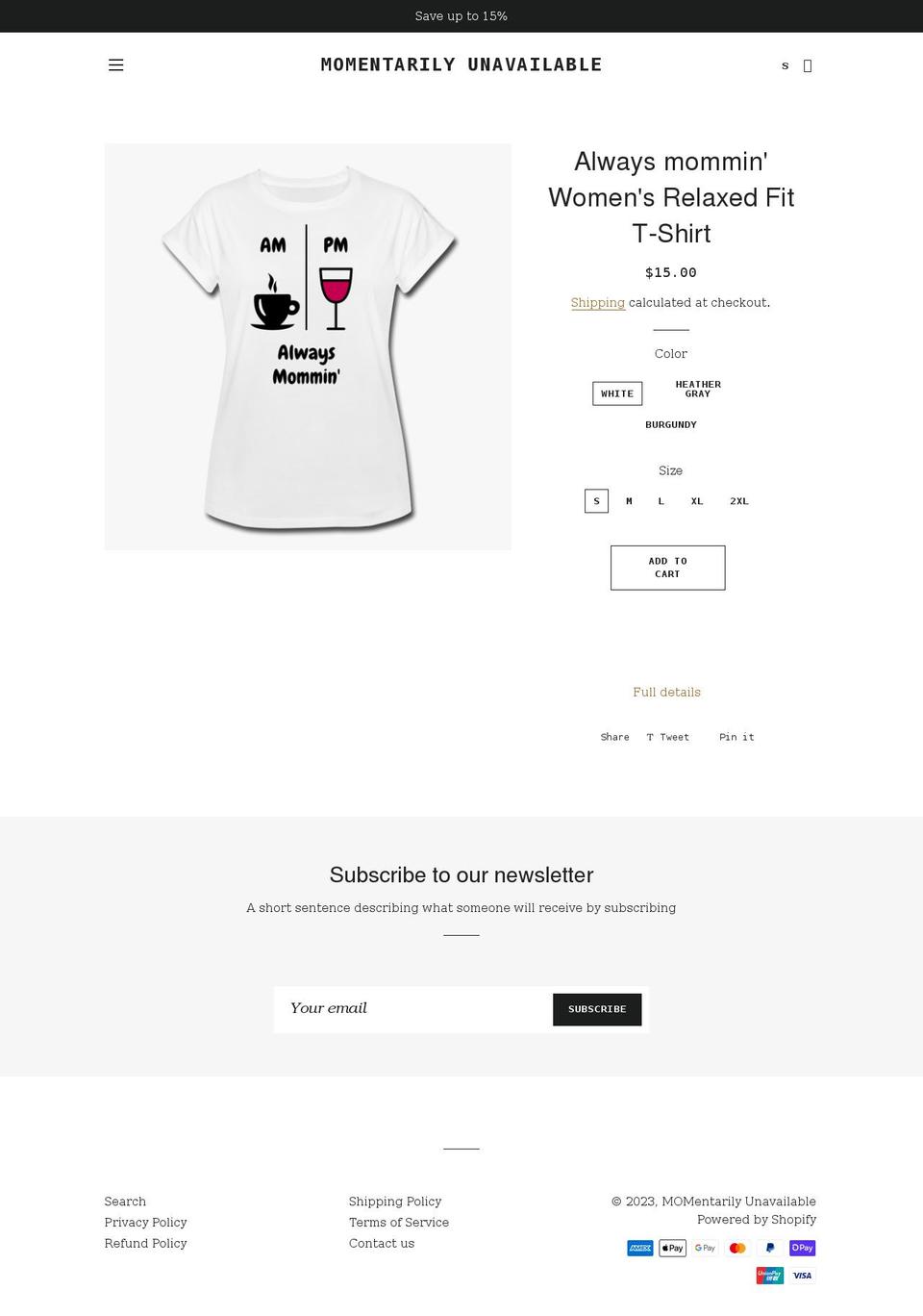 momentarilyunavailable.com shopify website screenshot