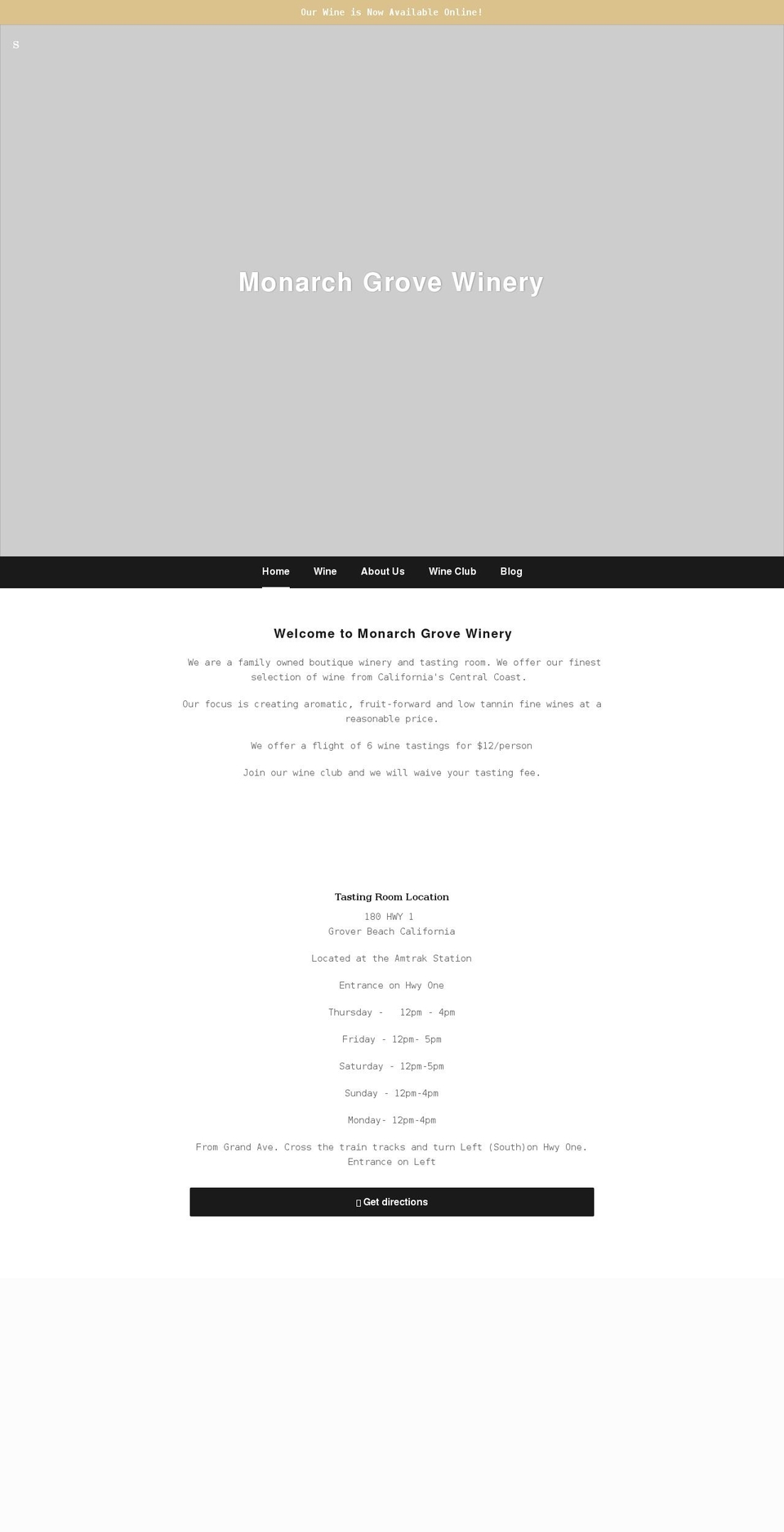 monarchgrovewinery.com shopify website screenshot