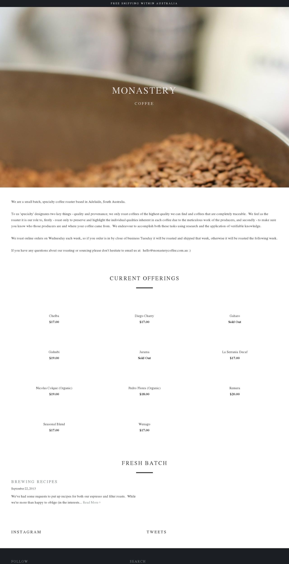 monasterycoffee.com.au shopify website screenshot