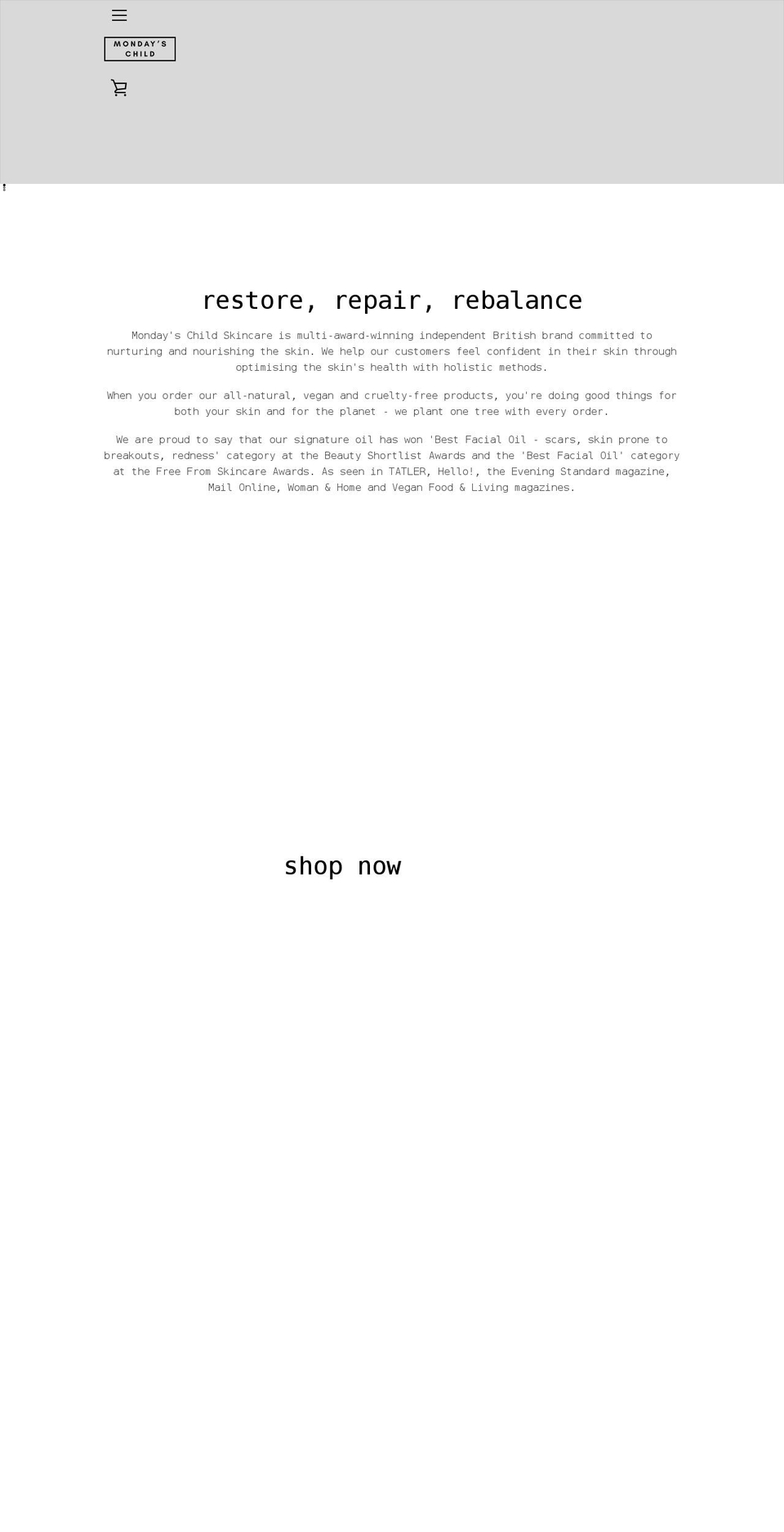 mondayschildskincare.com shopify website screenshot