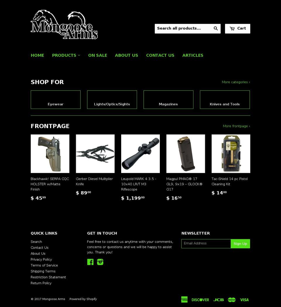 mongoosearms.com shopify website screenshot