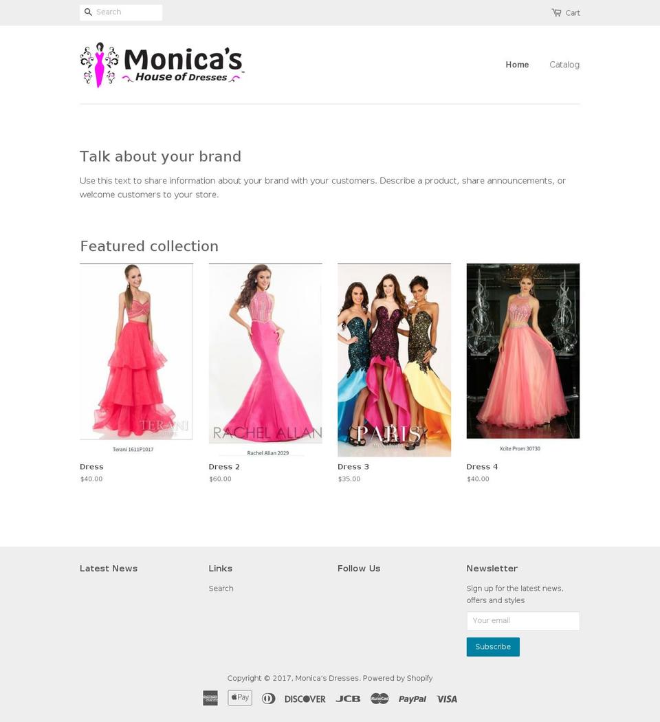 monicasdresses.com shopify website screenshot