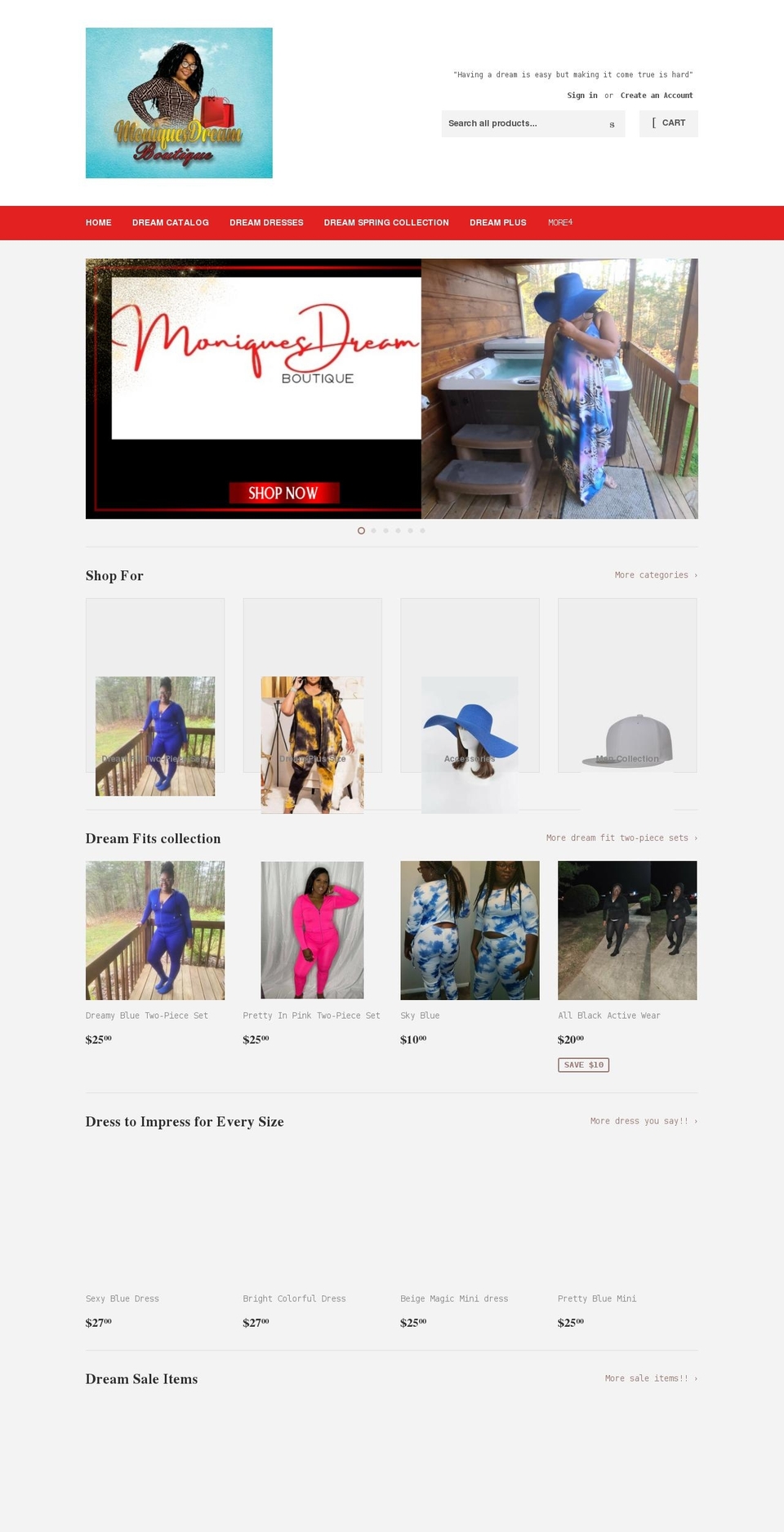 moniquesdreamboutique.com shopify website screenshot