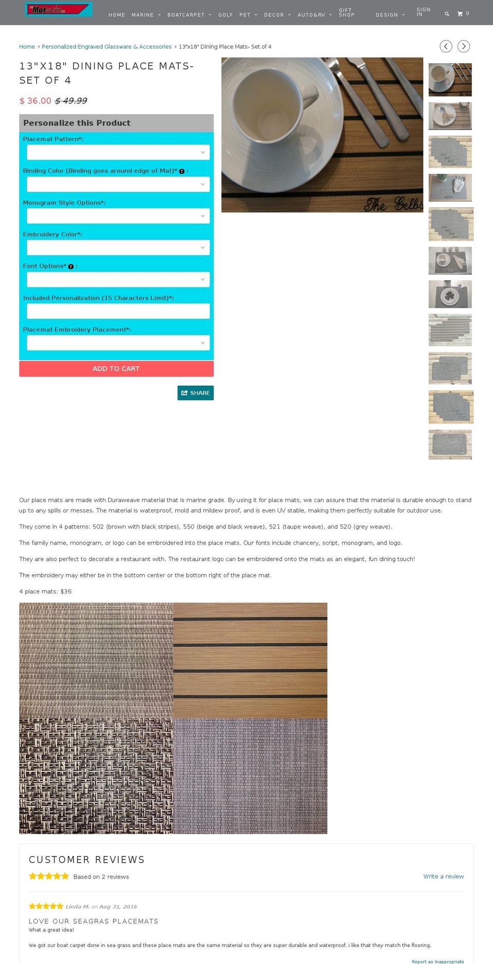 monogramplacemats.com shopify website screenshot