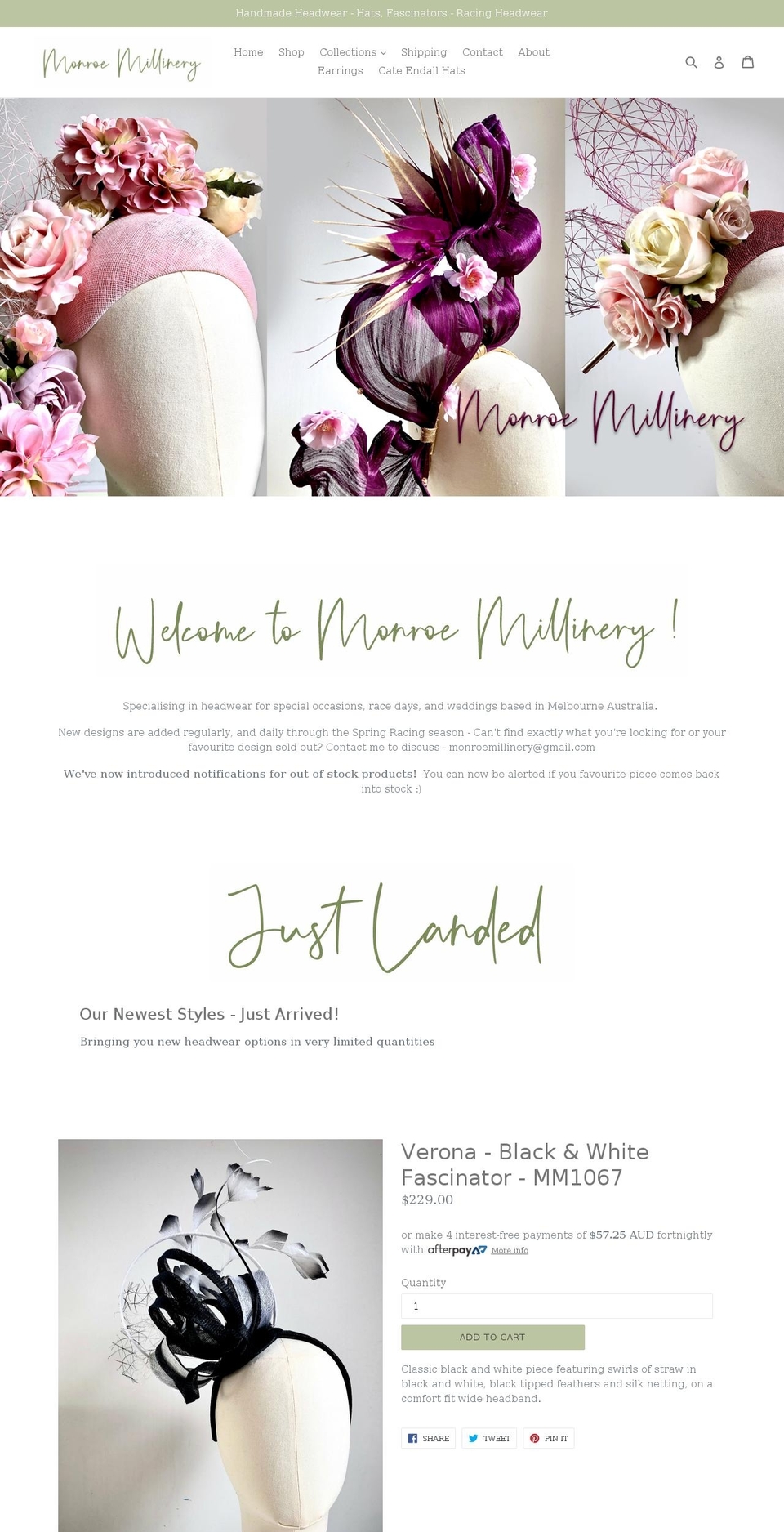 Sterling Shopify theme site example monroemillinery.com