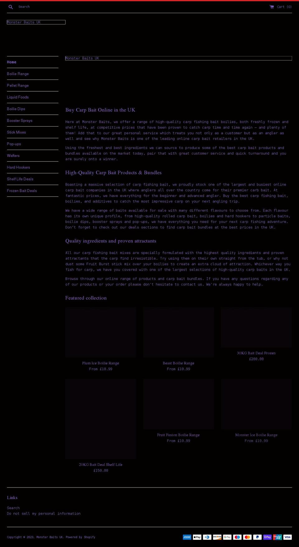 monsterbaits.co.uk shopify website screenshot