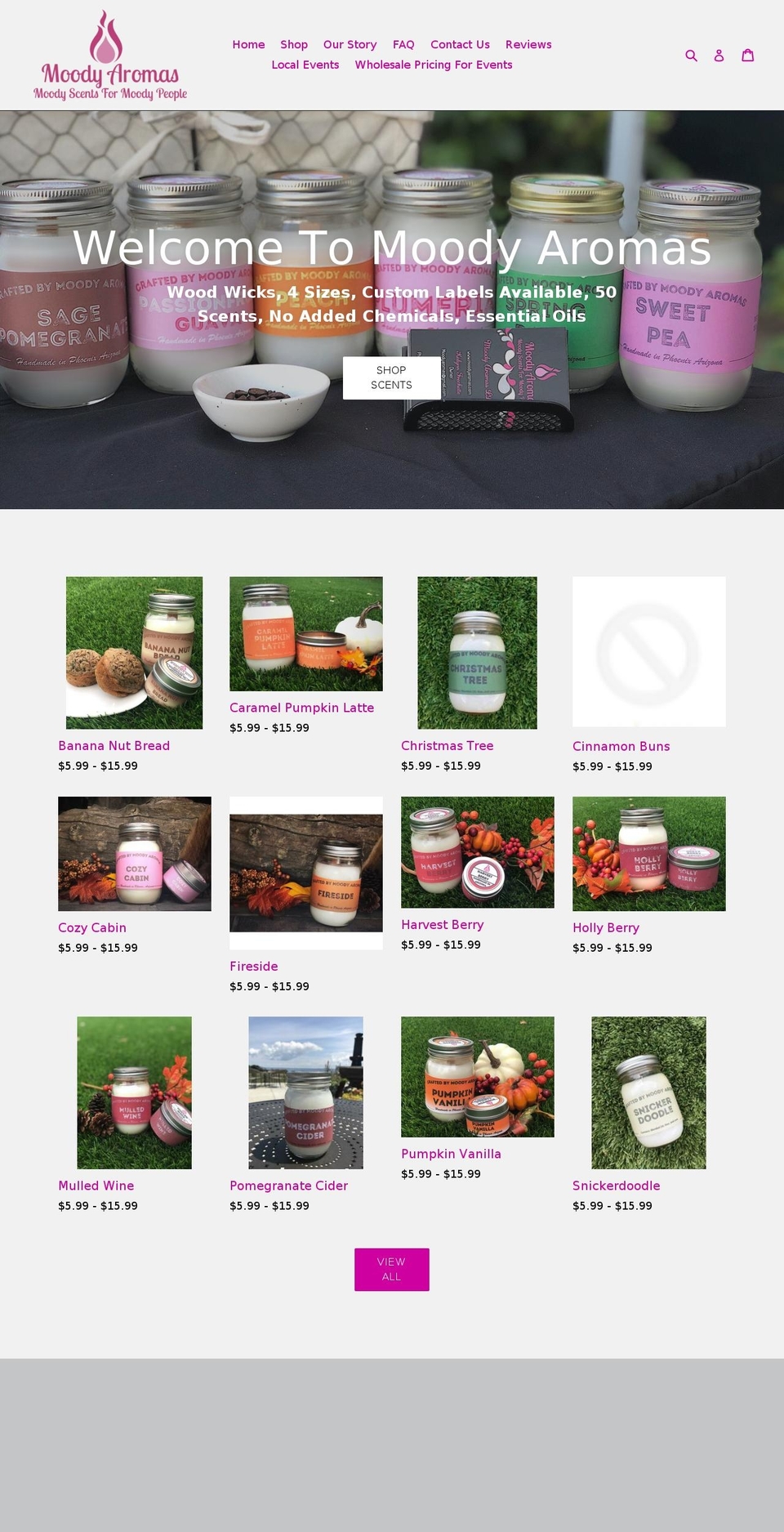 moodyaromas.com — Shopify storefront screenshot