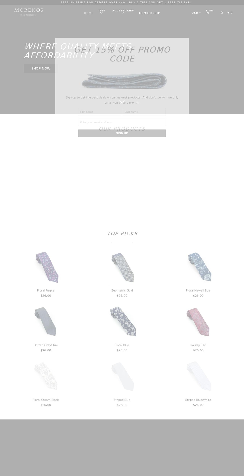 morenosties.com shopify website screenshot
