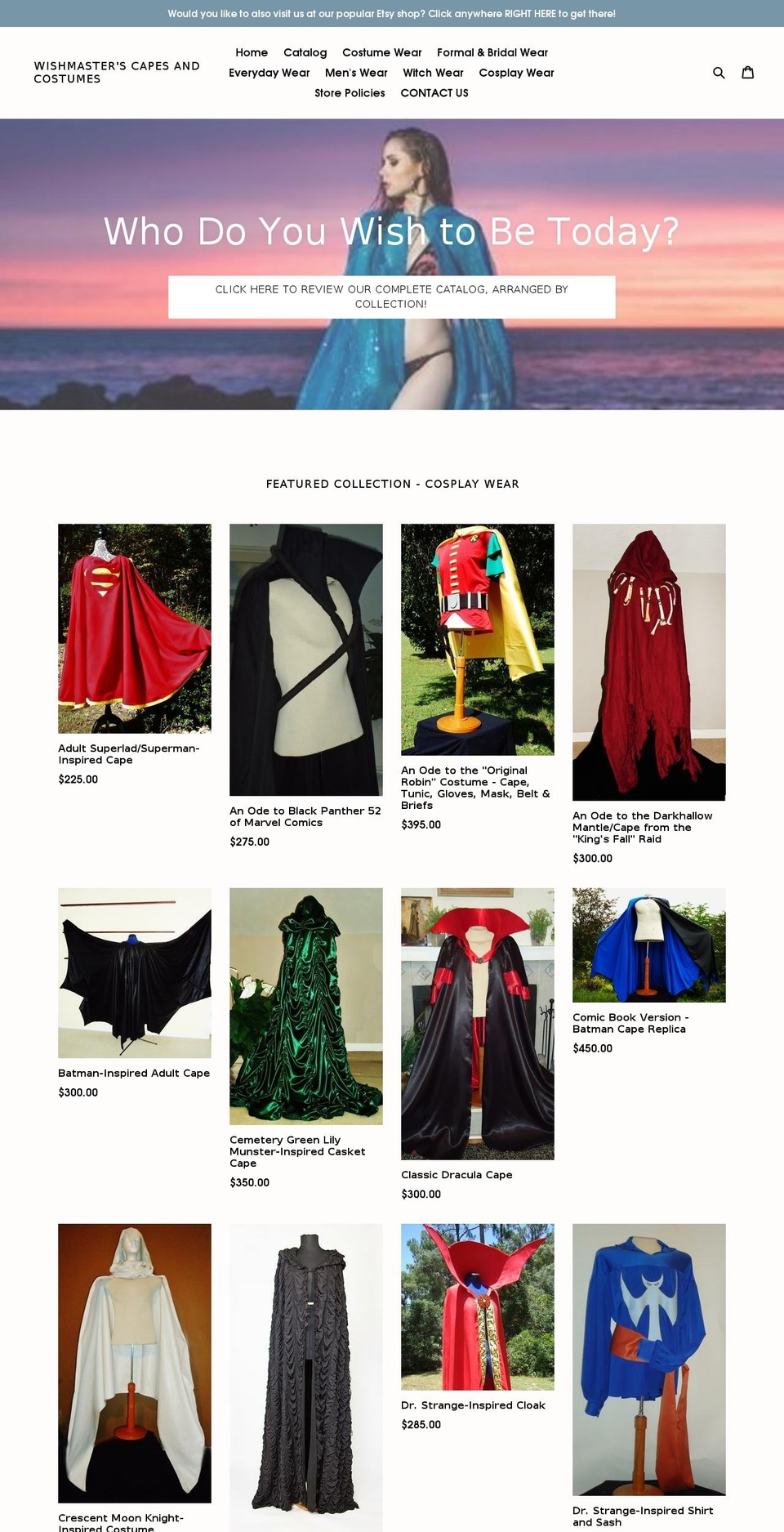morticiascapesandcostumes.com — Shopify storefront screenshot