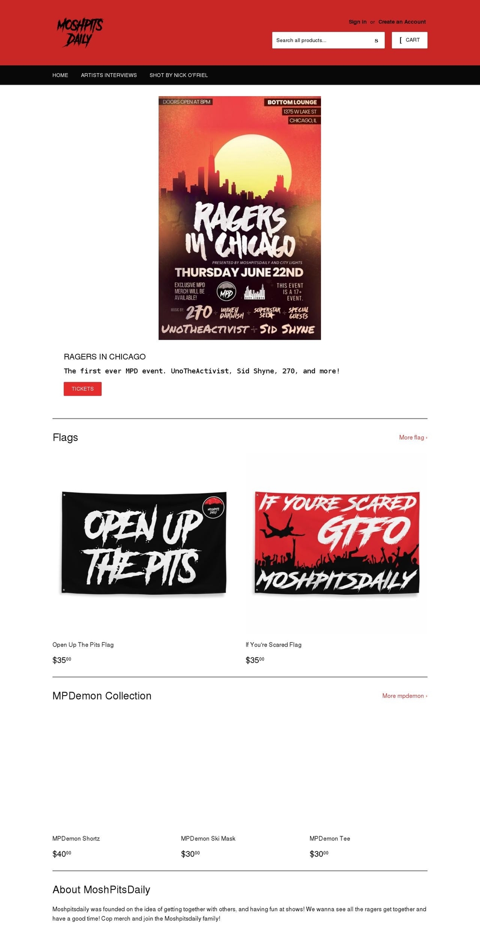 moshpitsdaily.com shopify website screenshot