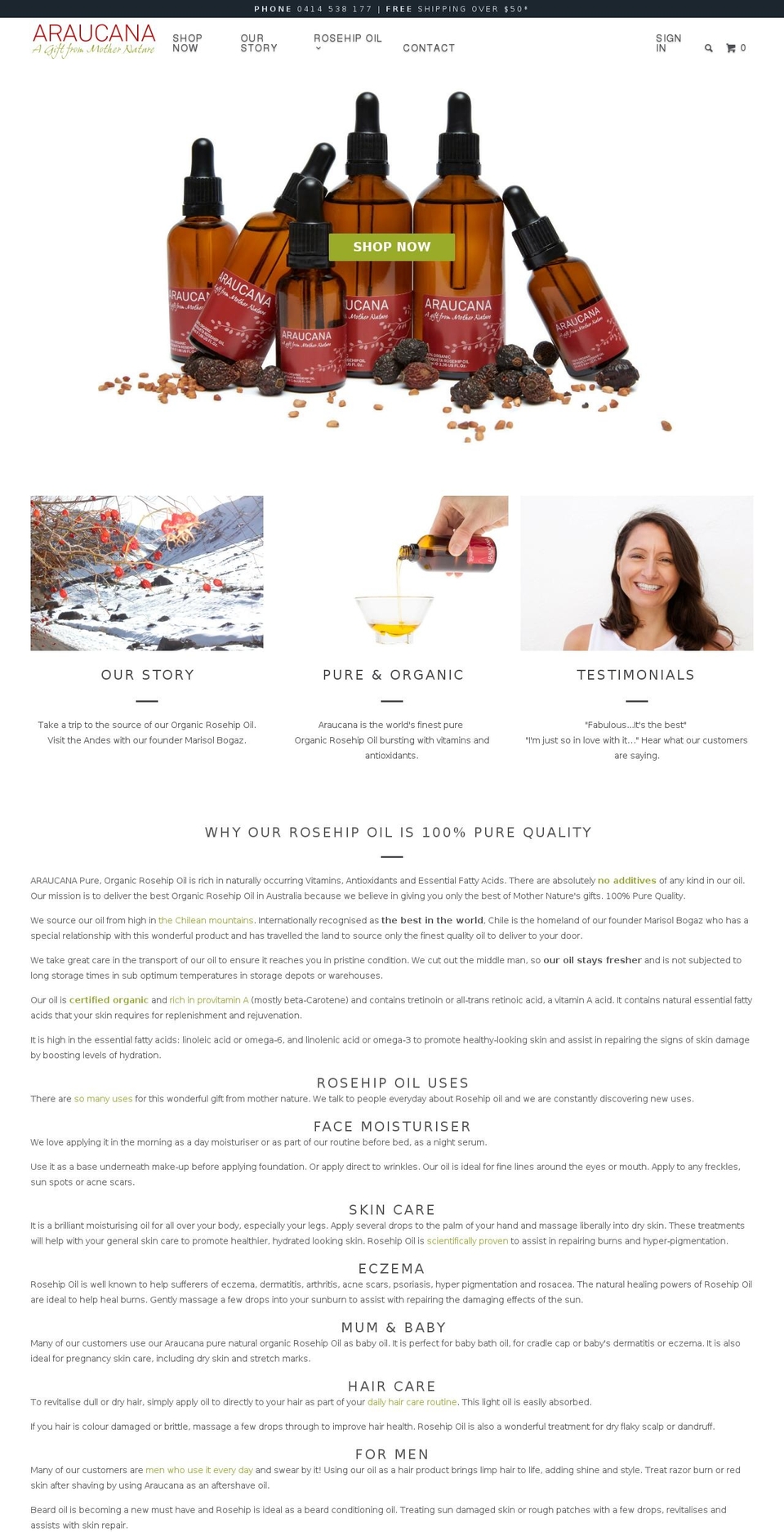 mosquetarosehipoil.com shopify website screenshot