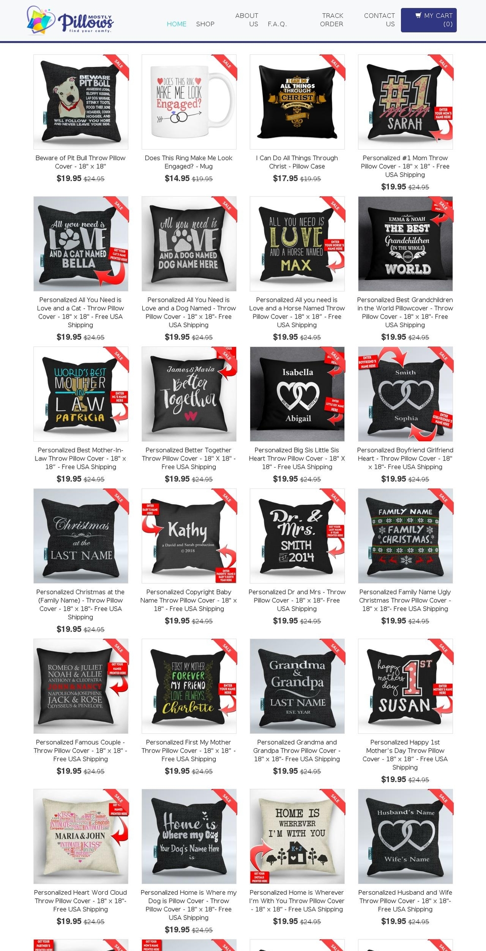 mostlypillows.com shopify website screenshot