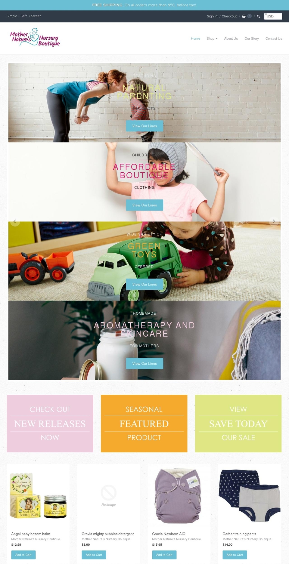mothernaturesnurseryboutique.com — Shopify storefront screenshot