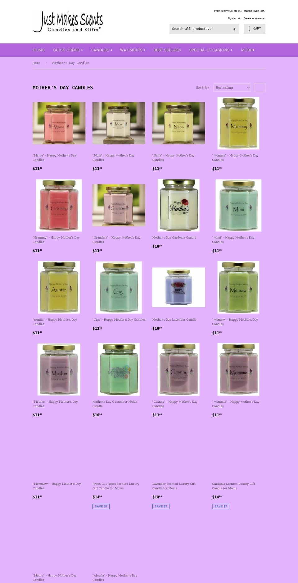mothersdaycandle.com — Shopify storefront screenshot