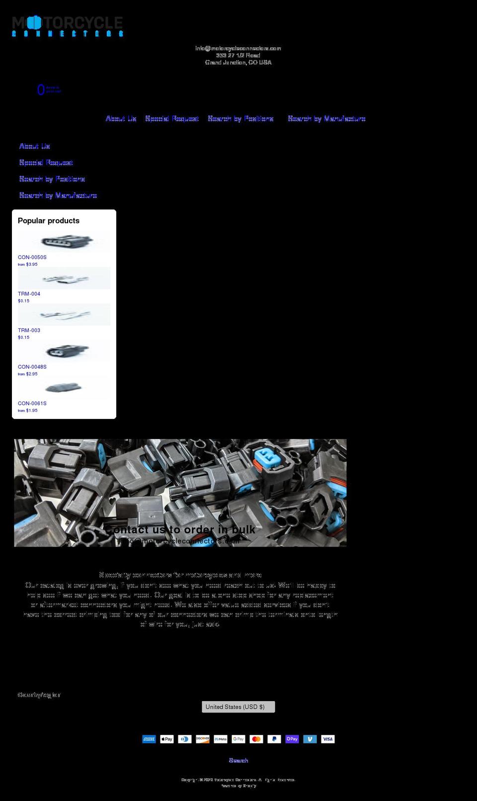 motorcycleconnectors.com shopify website screenshot