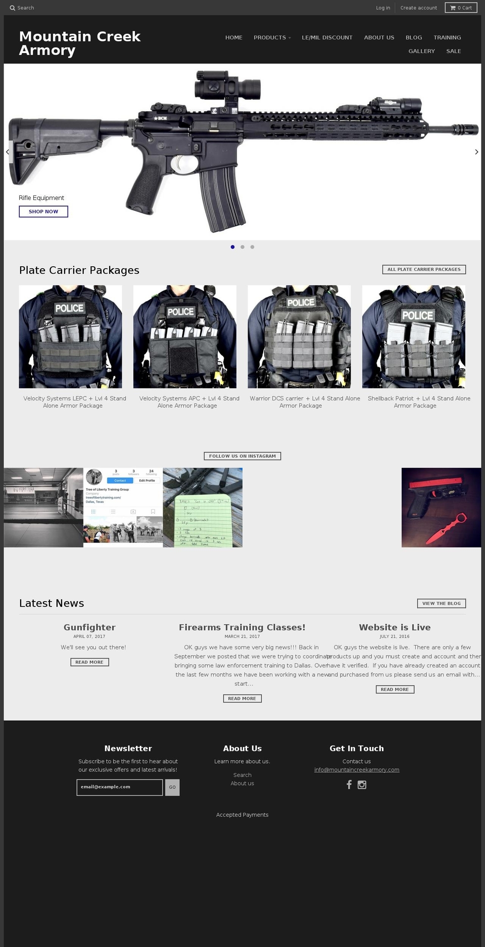 mountaincreekarmory.com shopify website screenshot