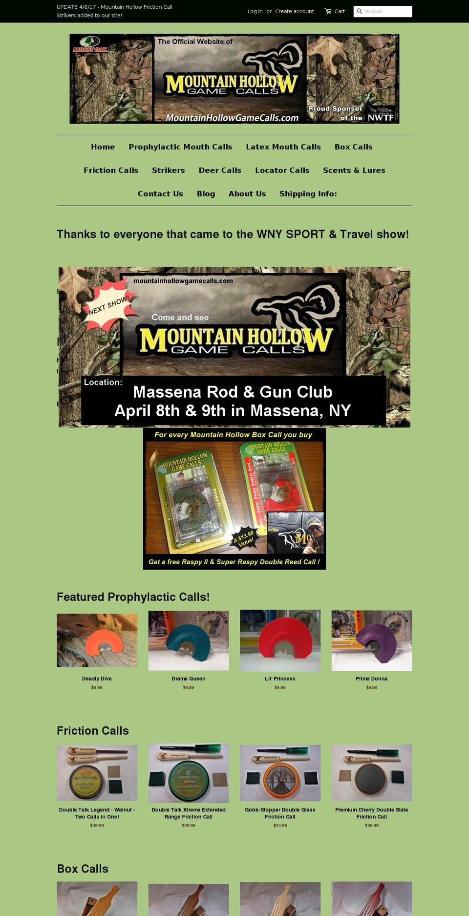 mountainhollowgamecalls.com shopify website screenshot