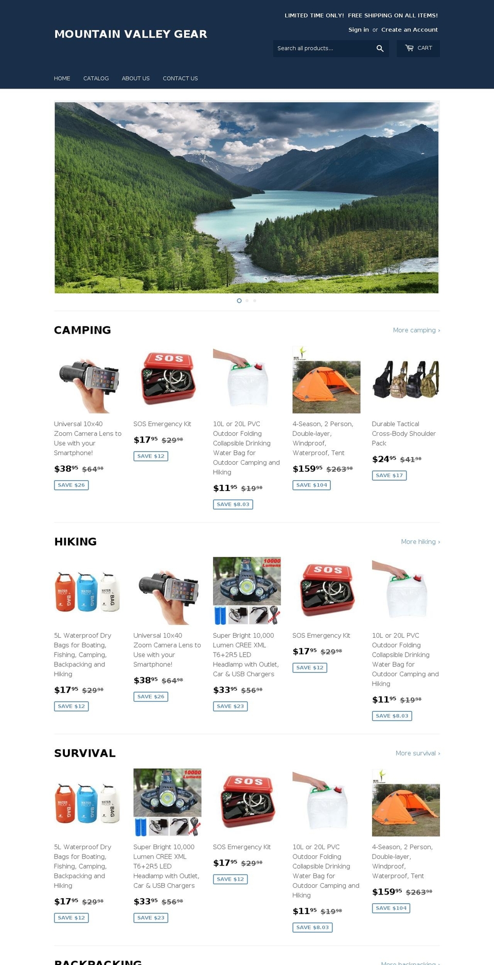 mountainvalleygear.com — Shopify storefront screenshot
