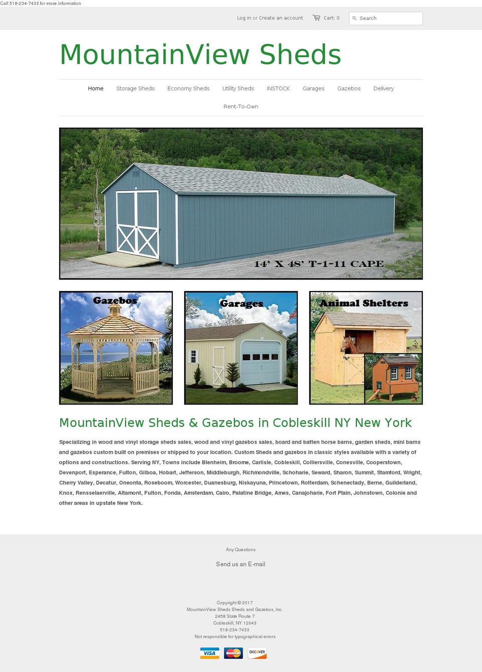 mountainviewsheds.com shopify website screenshot