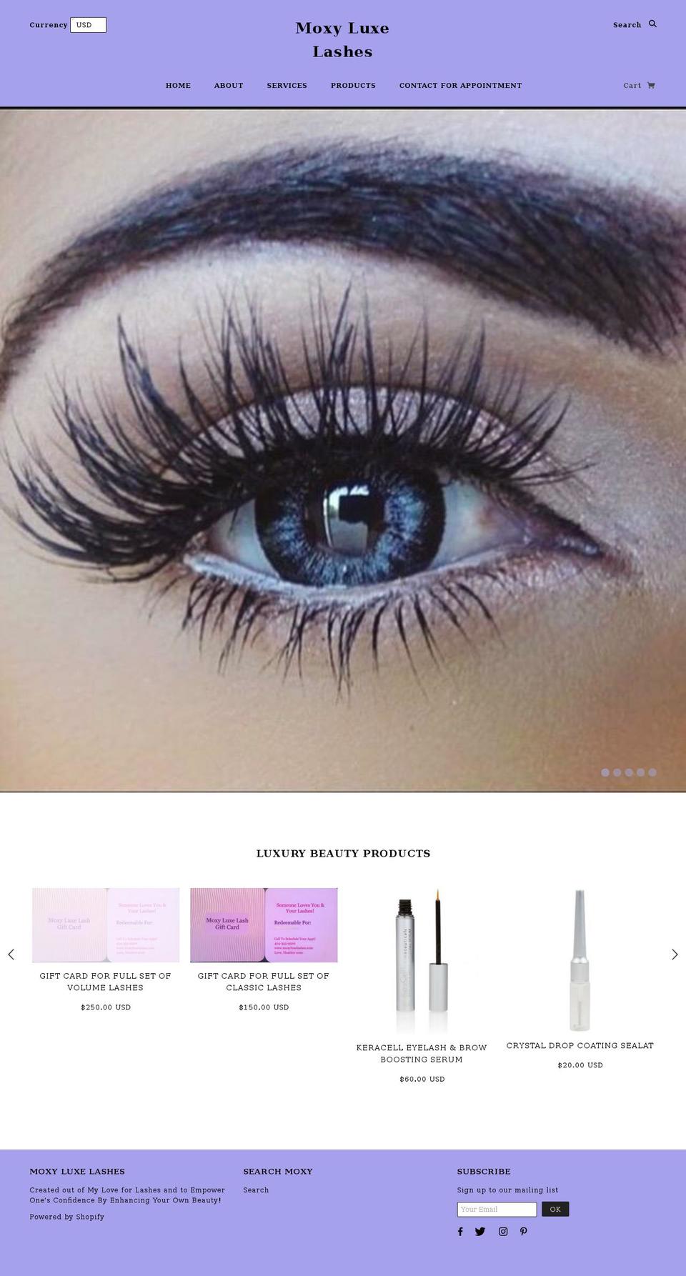 moxyluxelashes.com — Shopify storefront screenshot