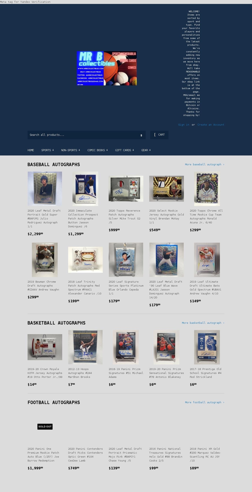 mrbcollectibles.com shopify website screenshot