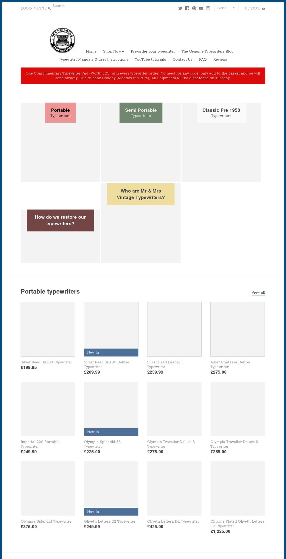 mrmrsvintagetypewriters.com shopify website screenshot