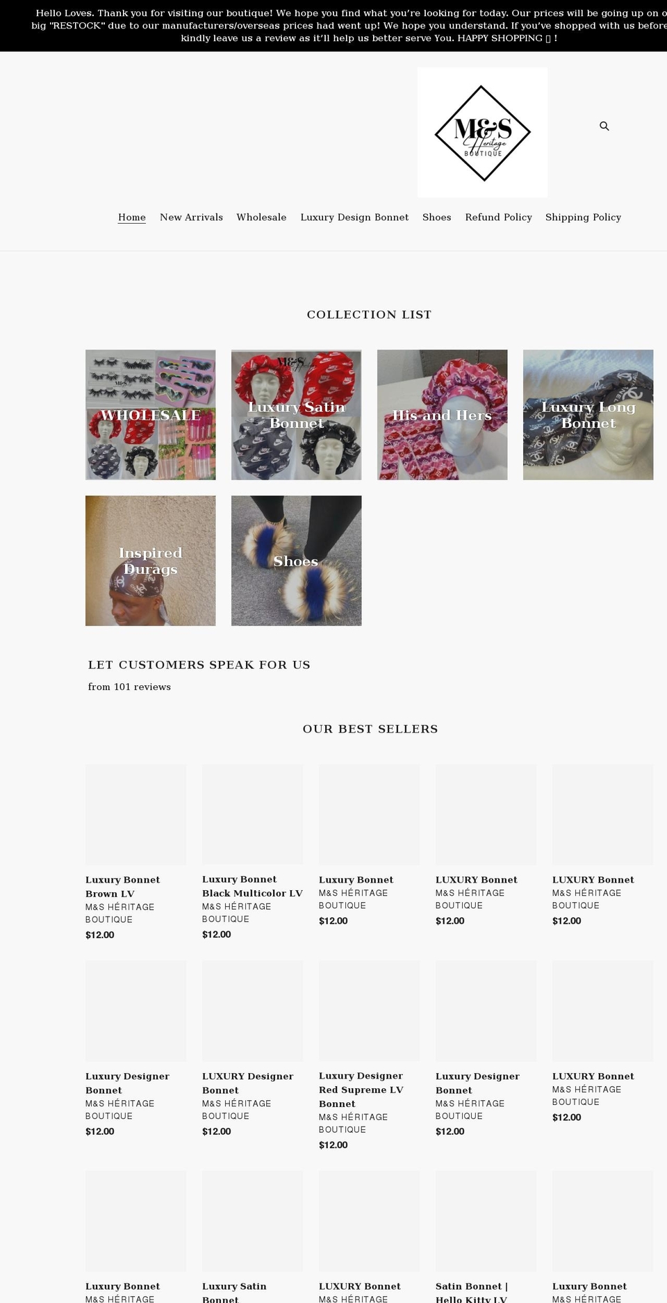 msheritageboutique.com shopify website screenshot