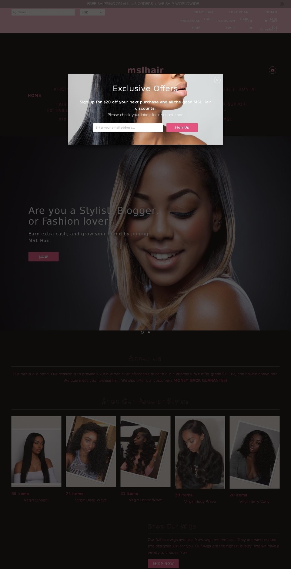 mslhair.com shopify website screenshot