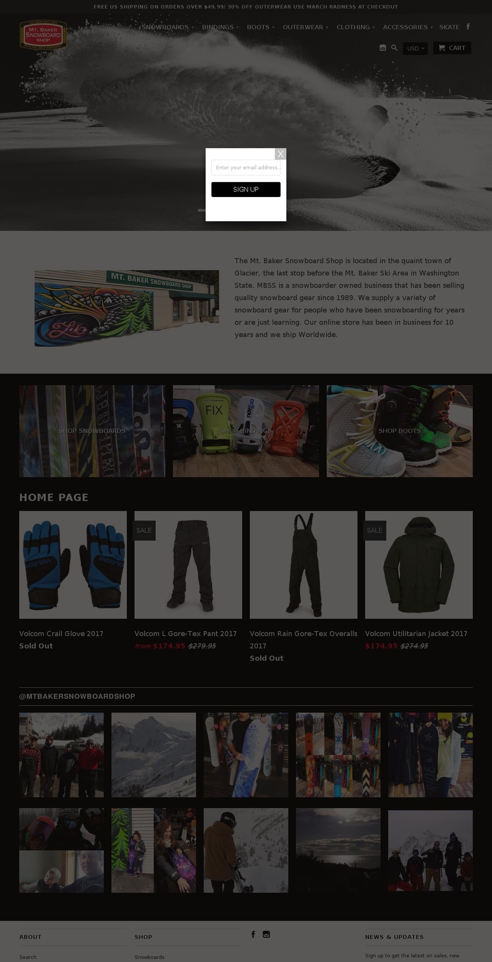 mtbakersnowboardshop.com shopify website screenshot