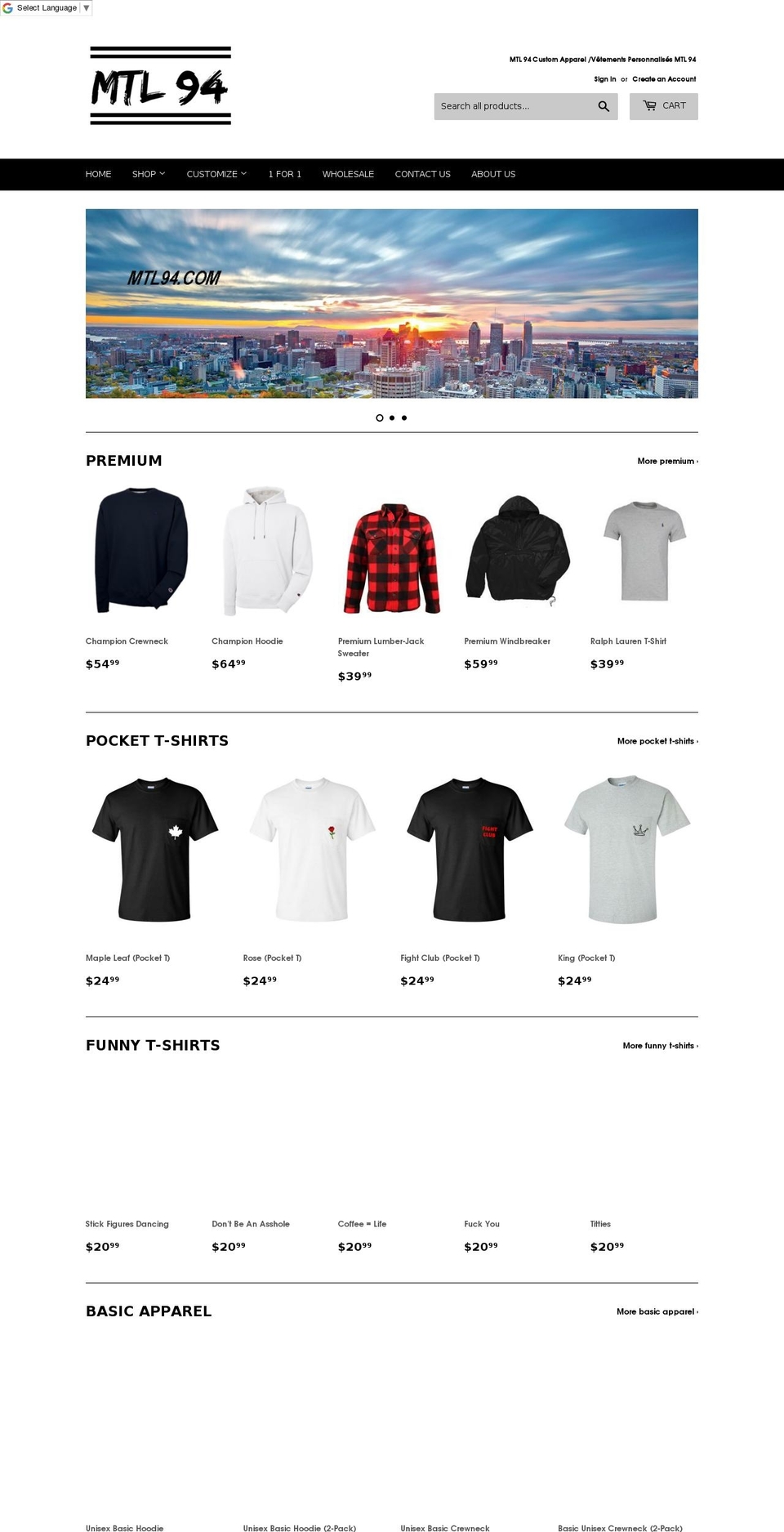 mtl94customapparel.com — Shopify storefront screenshot