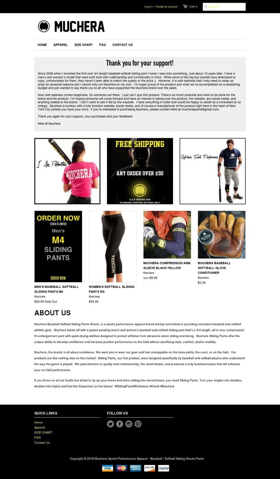 mucheraslidingpants.com — Shopify storefront screenshot