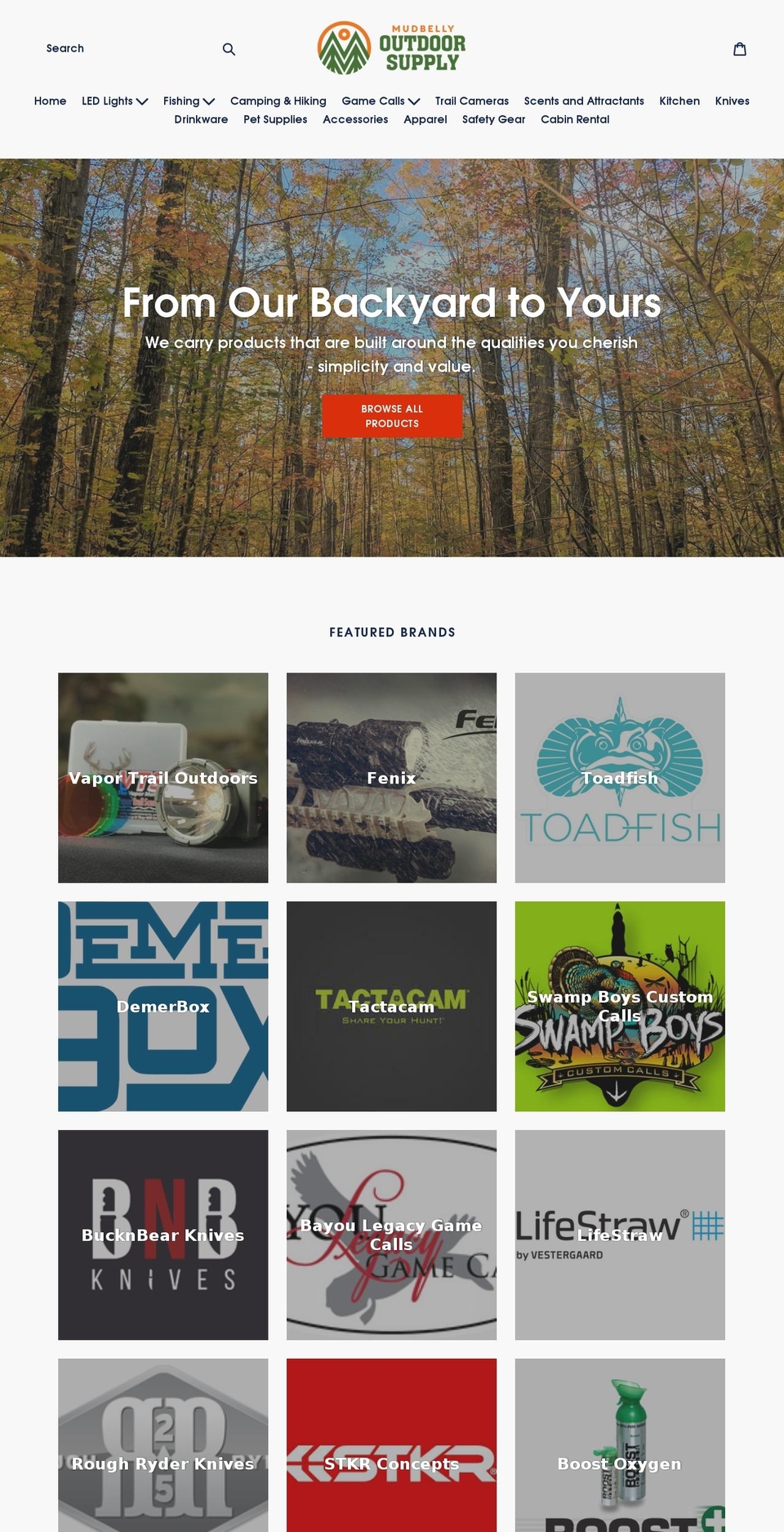 mudbellyoutdoorsupply.com — Shopify storefront screenshot