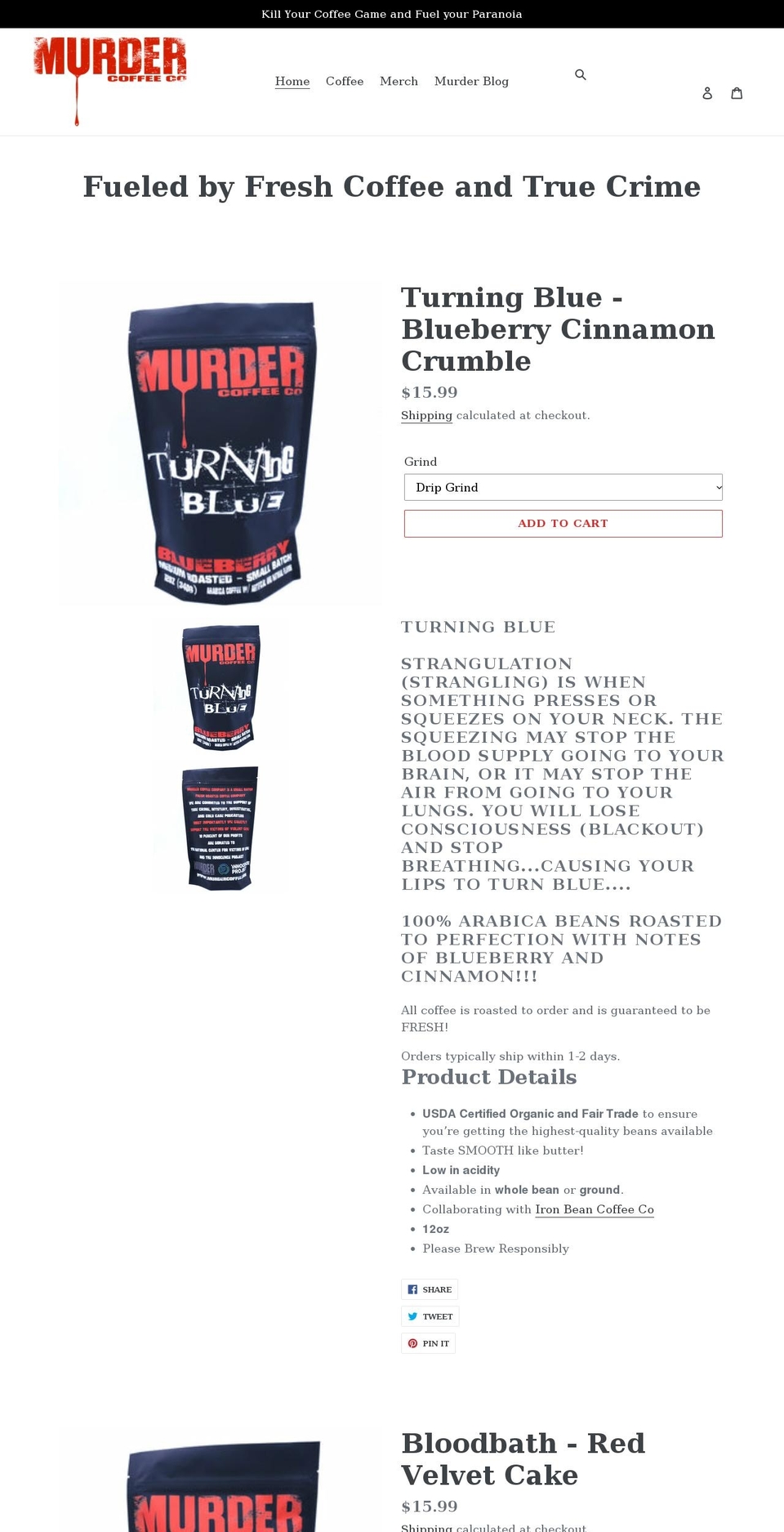 murdercoffeeco.com shopify website screenshot