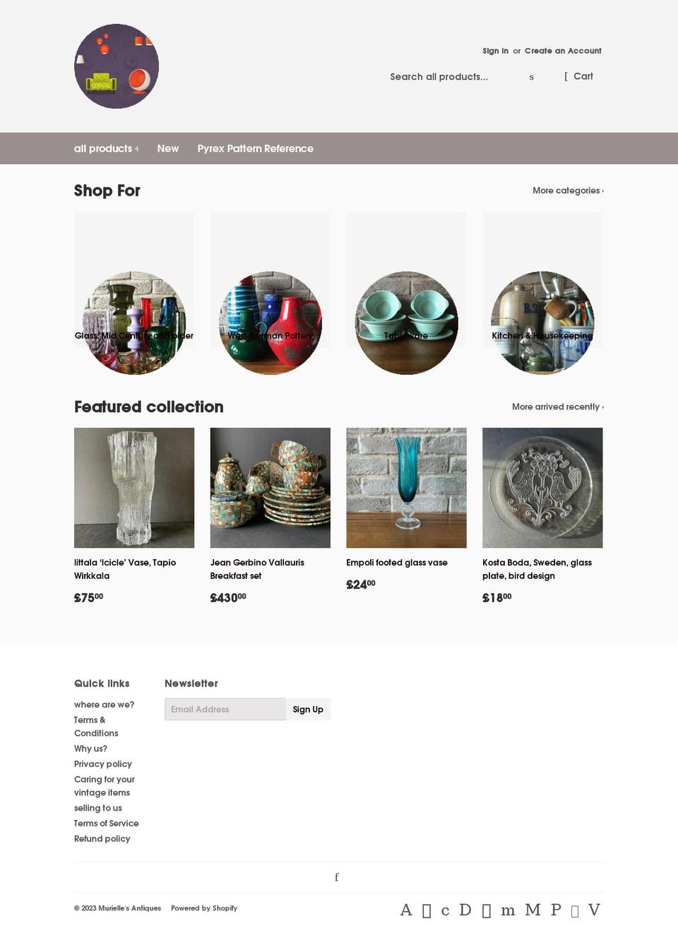 muriellesantiques.co.uk shopify website screenshot