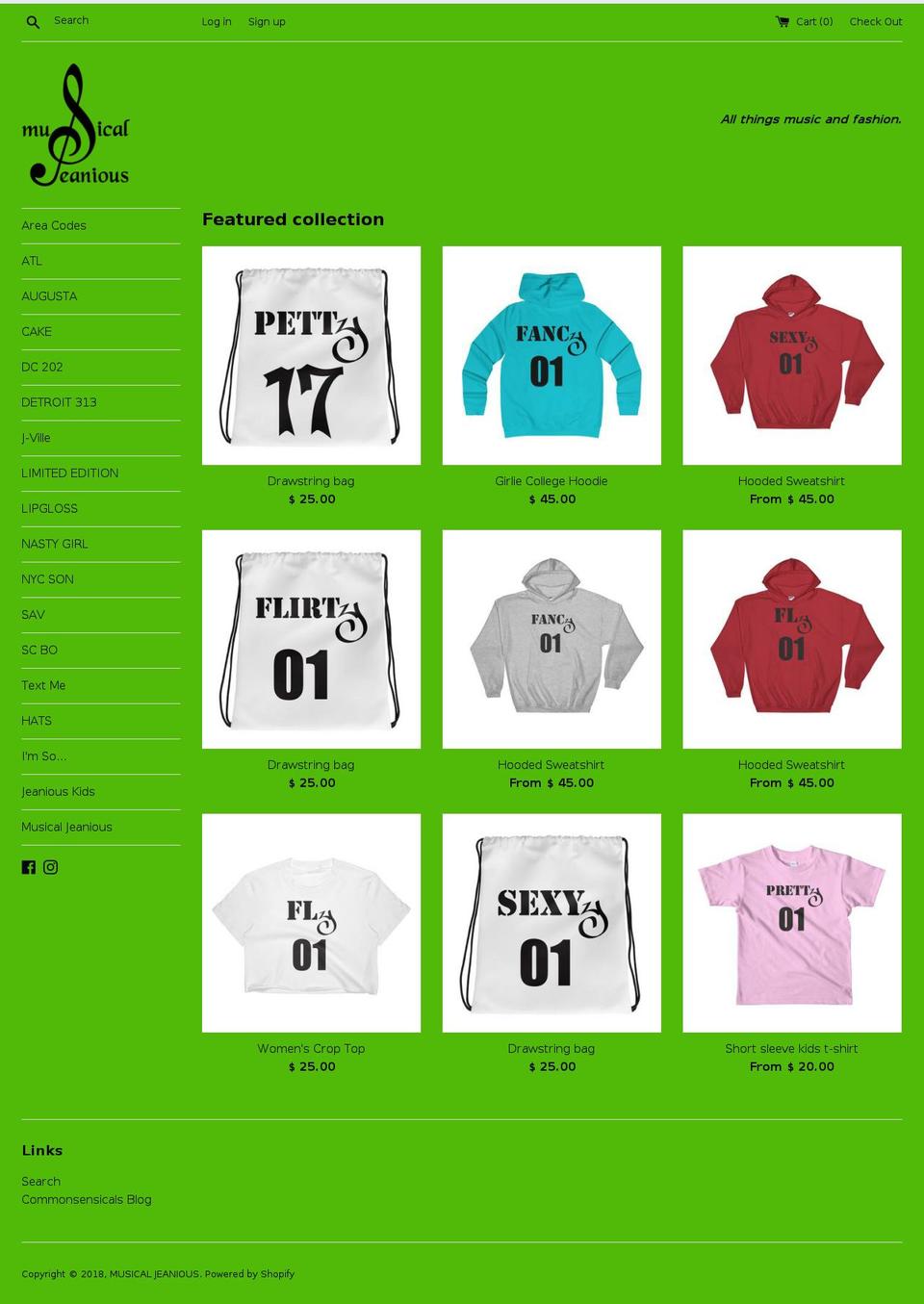 musicaljeanious.com — Shopify storefront screenshot