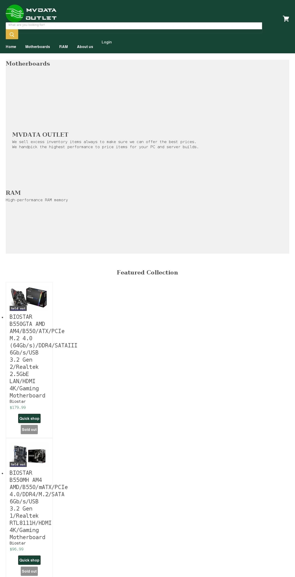 mvdata-outlet.com shopify website screenshot