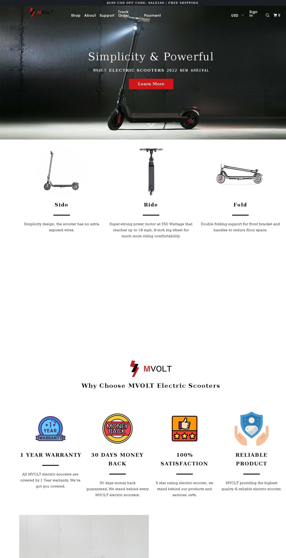 mvoltscooters.com shopify website screenshot