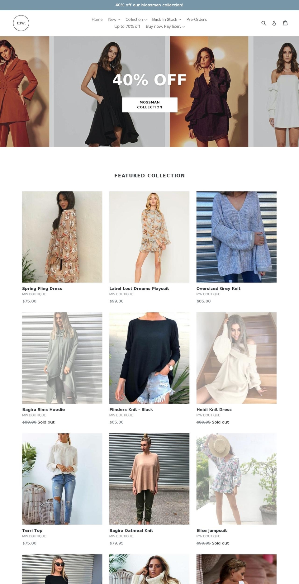 mwboutique.com.au shopify website screenshot