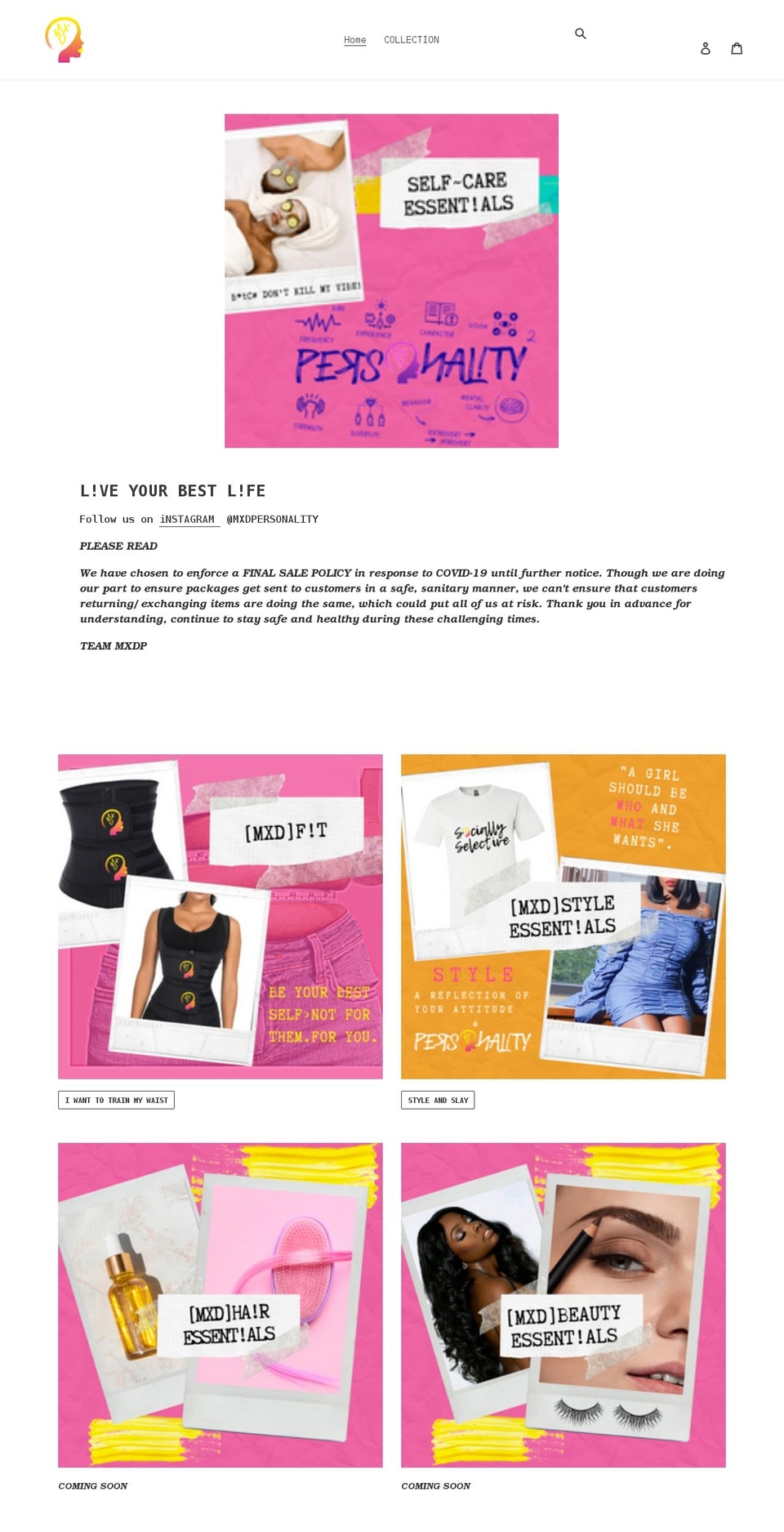 mxdpersonality.com shopify website screenshot